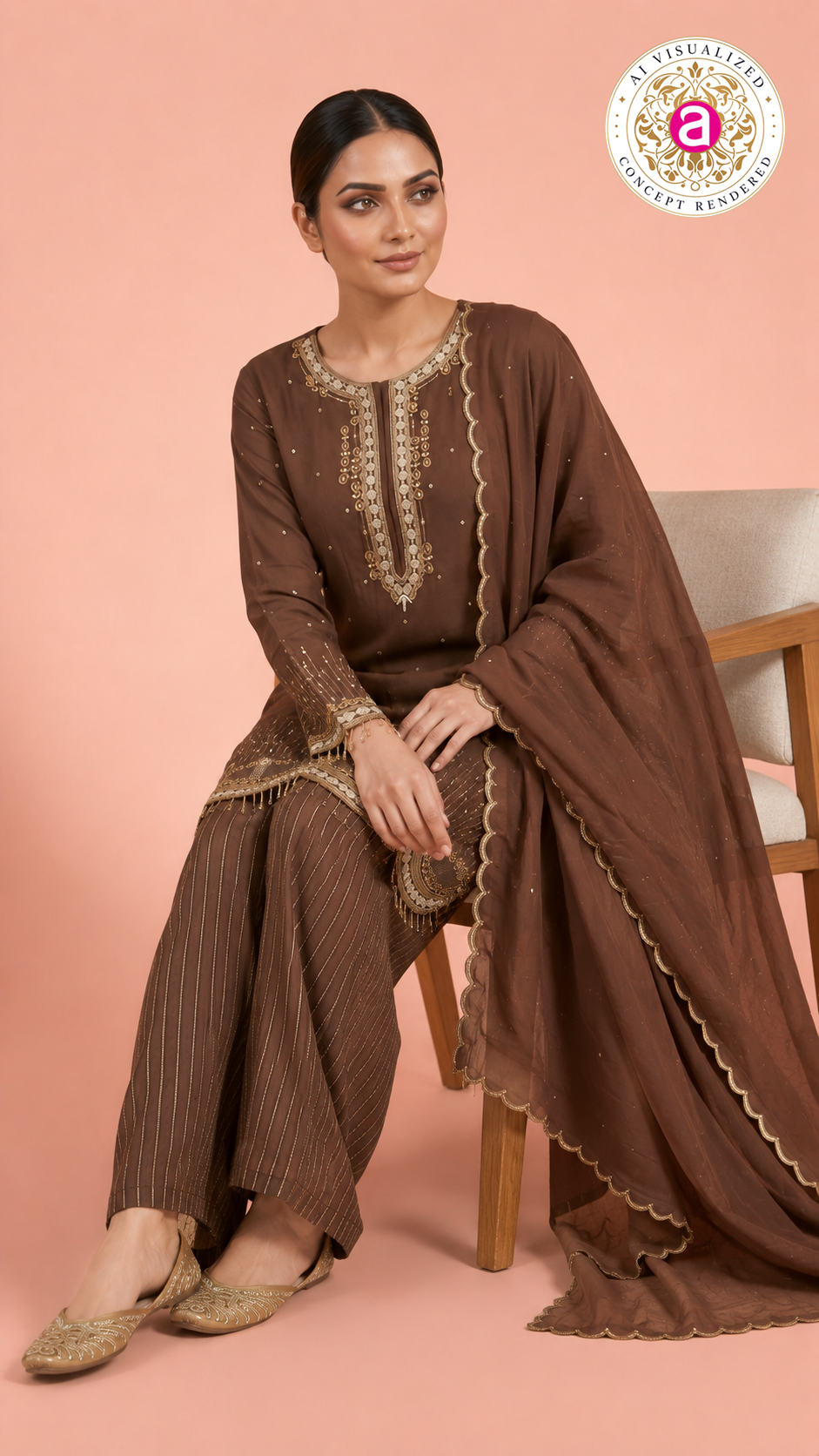 Chocolate Brown Embroidered Kurta Palazzo Set with Dupatta