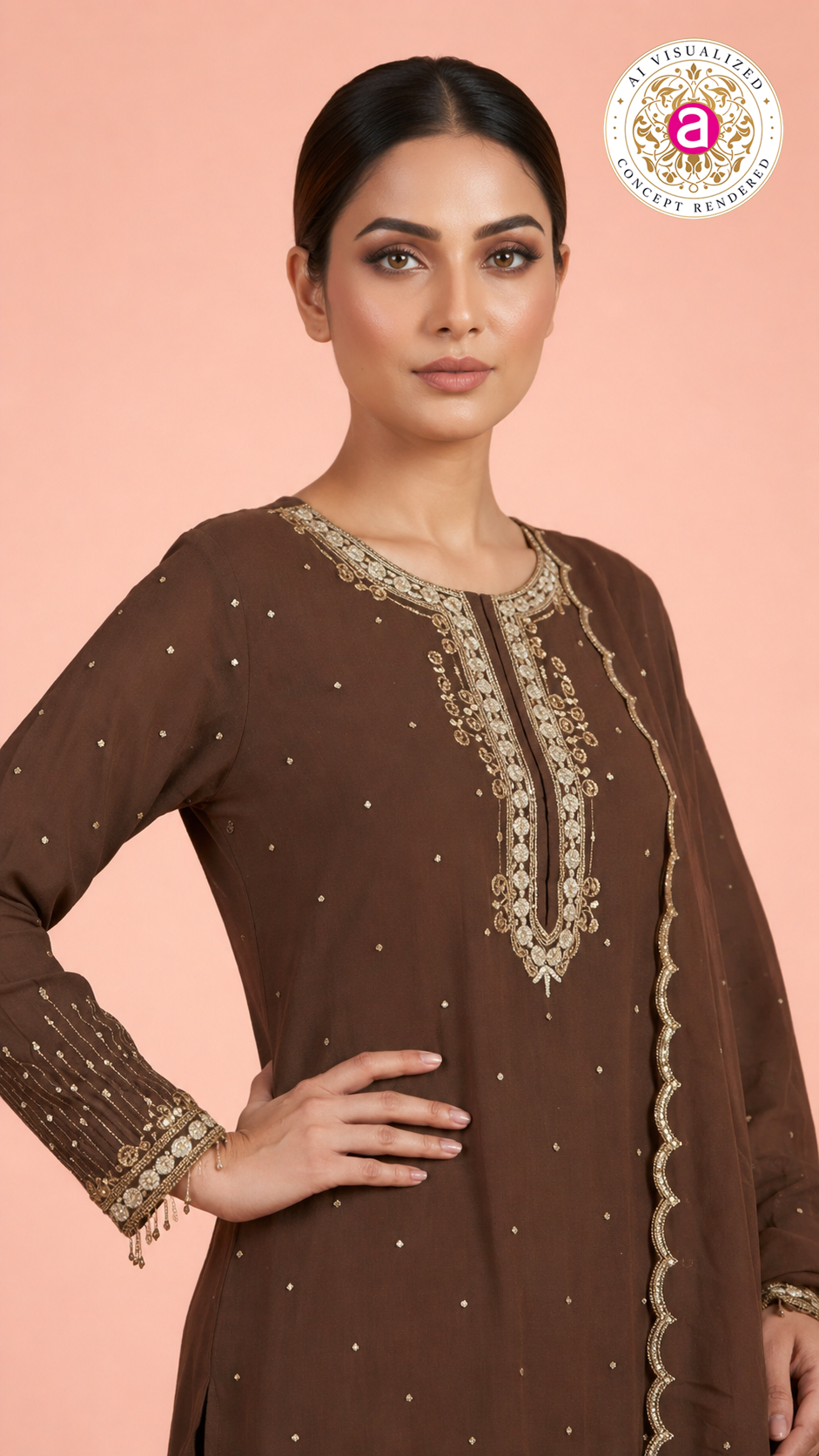 Chocolate Brown Embroidered Kurta Palazzo Set with Dupatta