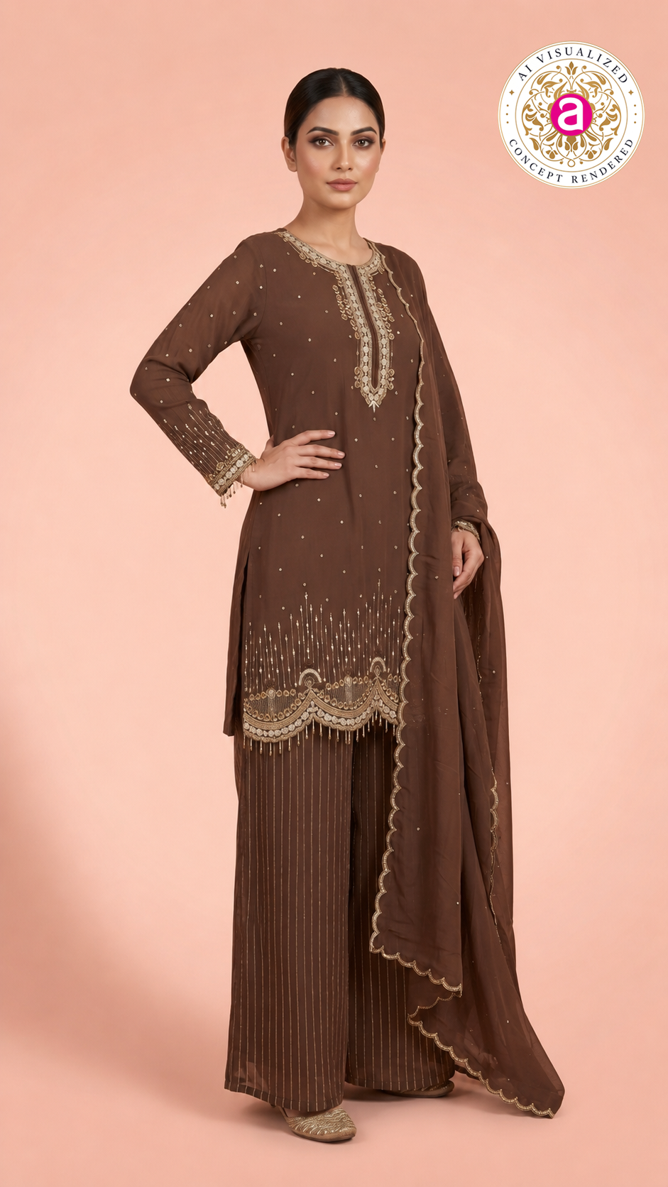 Chocolate Brown Embroidered Kurta Palazzo Set with Dupatta
