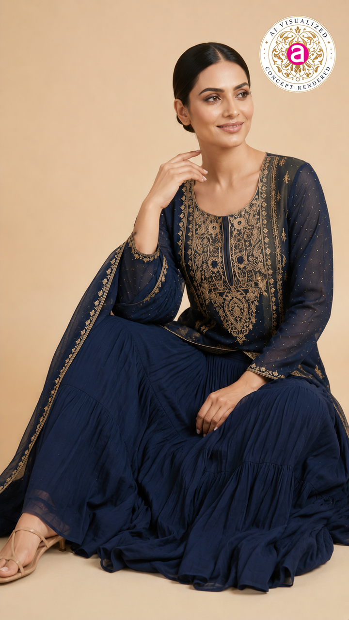 Navy Blue Embroidered Kurta Sharara Set with Dupatta
