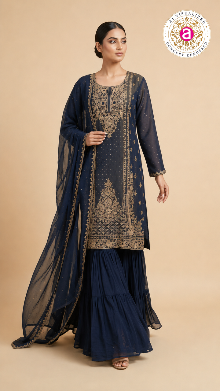 Navy Blue Embroidered Kurta Sharara Set with Dupatta