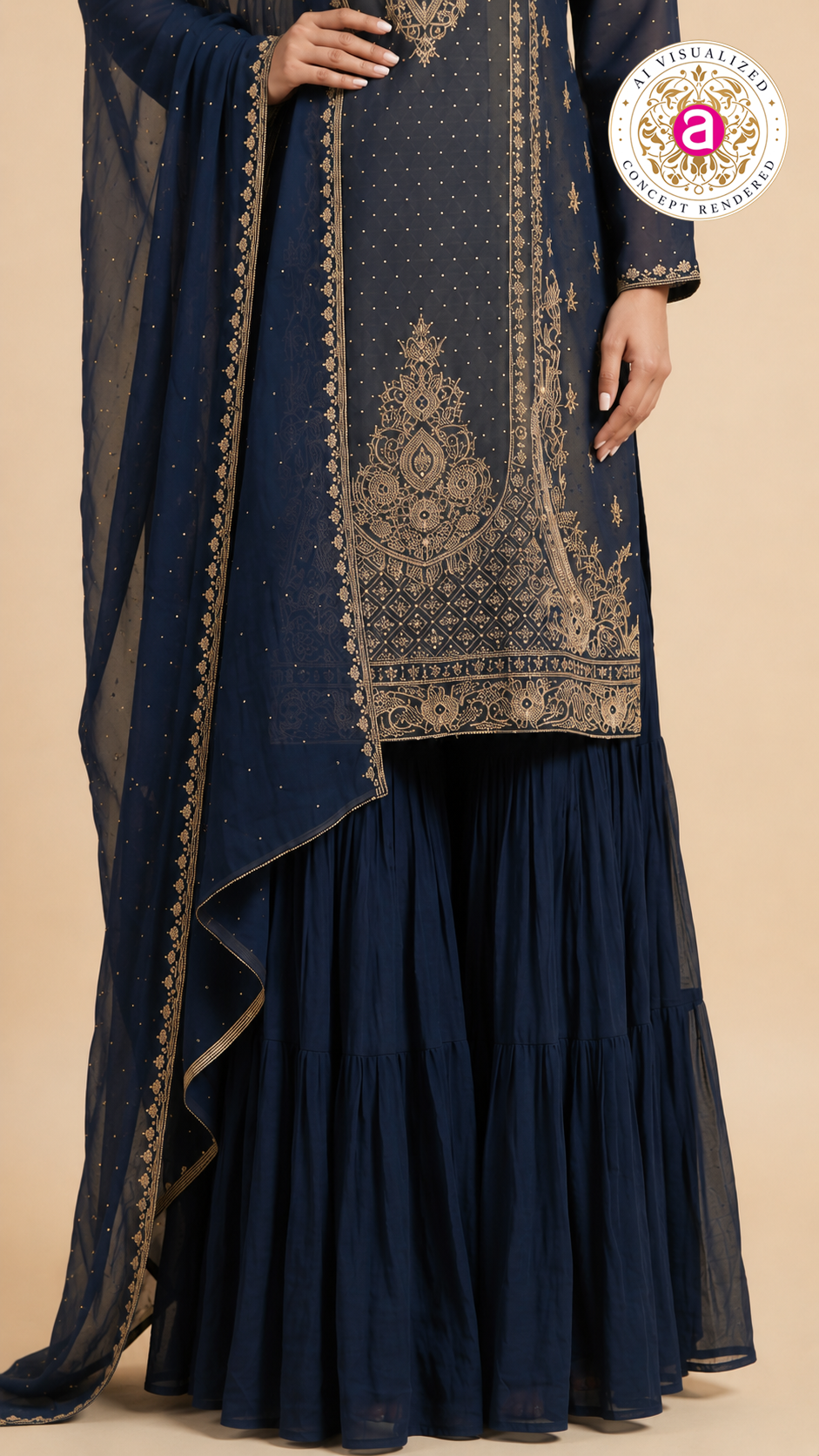 Navy Blue Embroidered Kurta Sharara Set with Dupatta