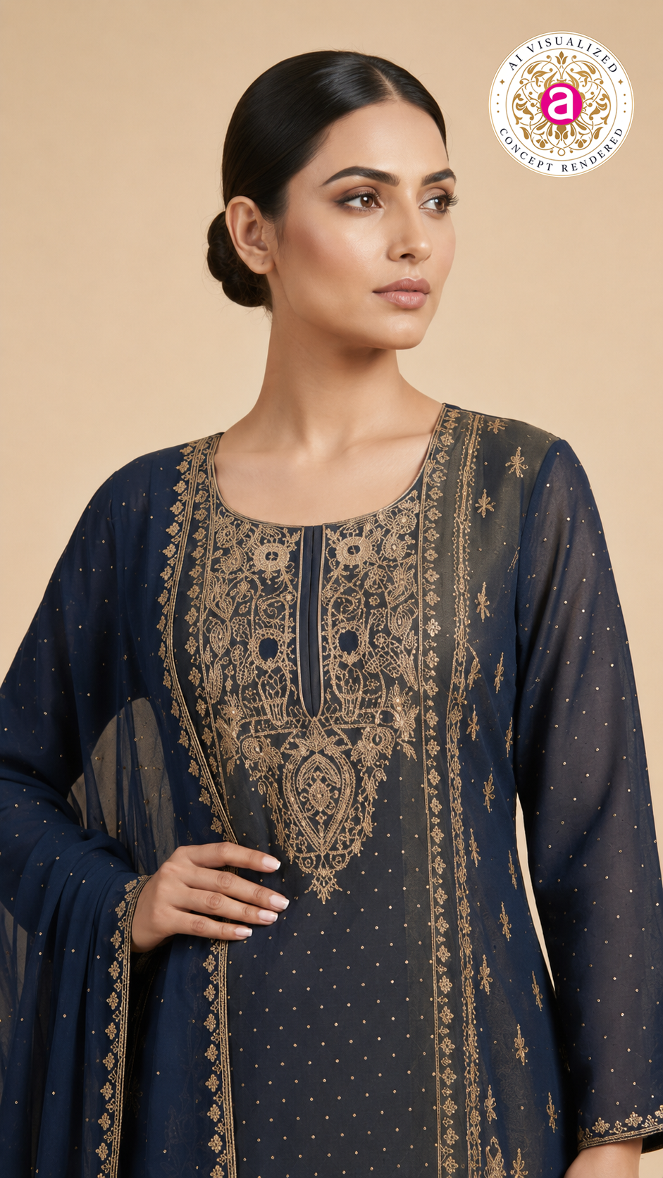 Navy Blue Embroidered Kurta Sharara Set with Dupatta