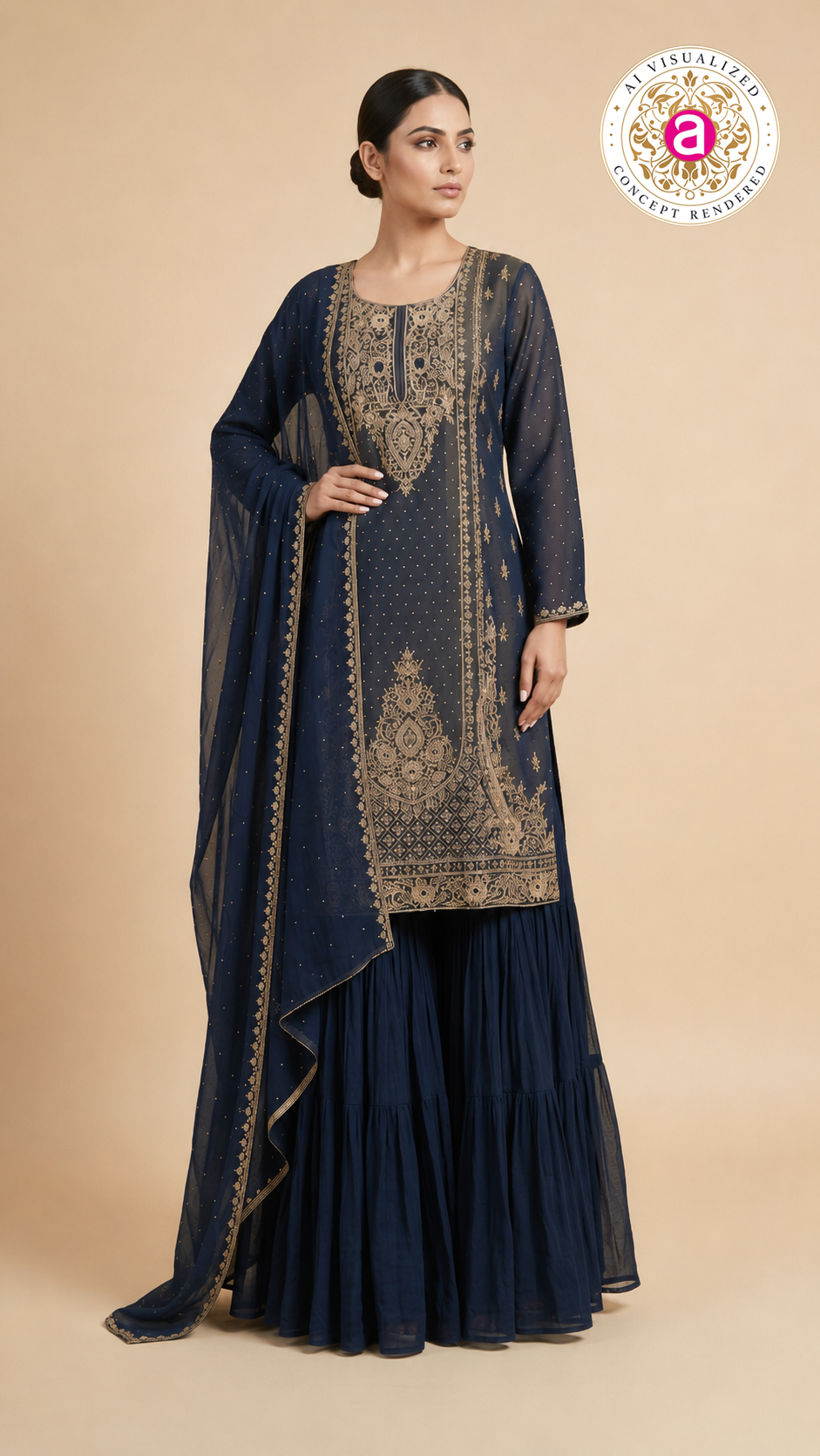 Navy Blue Embroidered Kurta Sharara Set with Dupatta