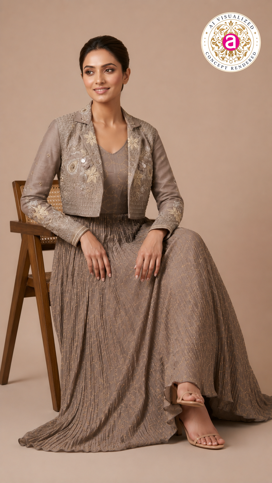 Taupe Embellished Jacket Gown with Metallic Detailing