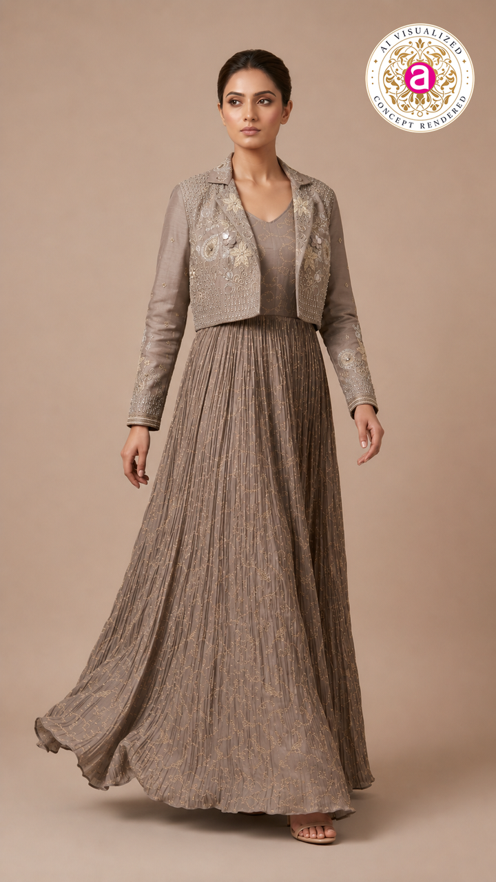 Taupe Embellished Jacket Gown with Metallic Detailing