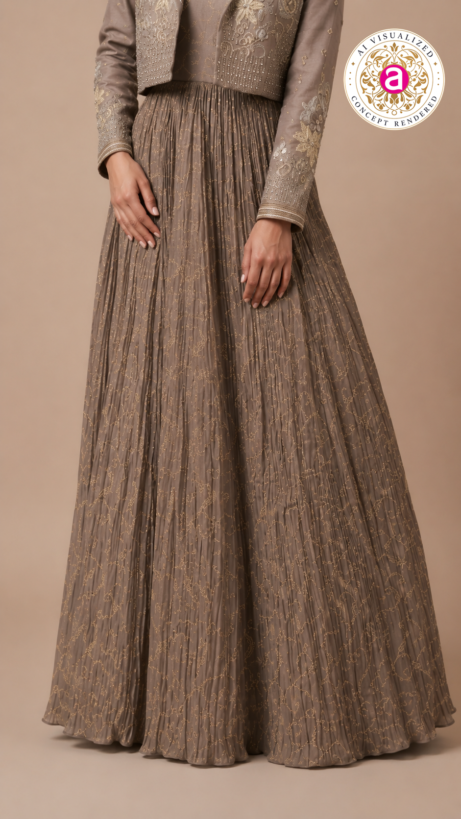 Taupe Embellished Jacket Gown with Metallic Detailing