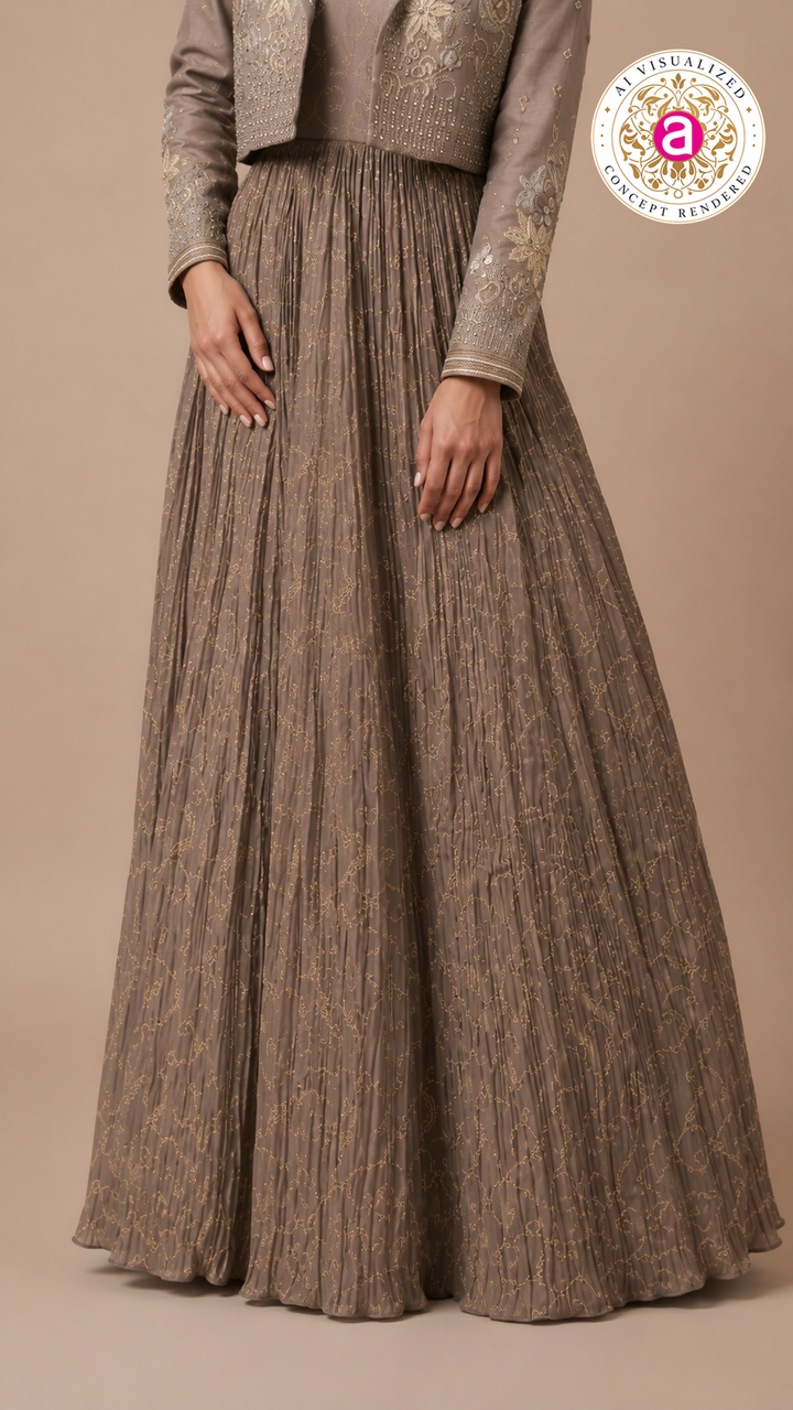 Taupe Embellished Jacket Gown with Metallic Detailing