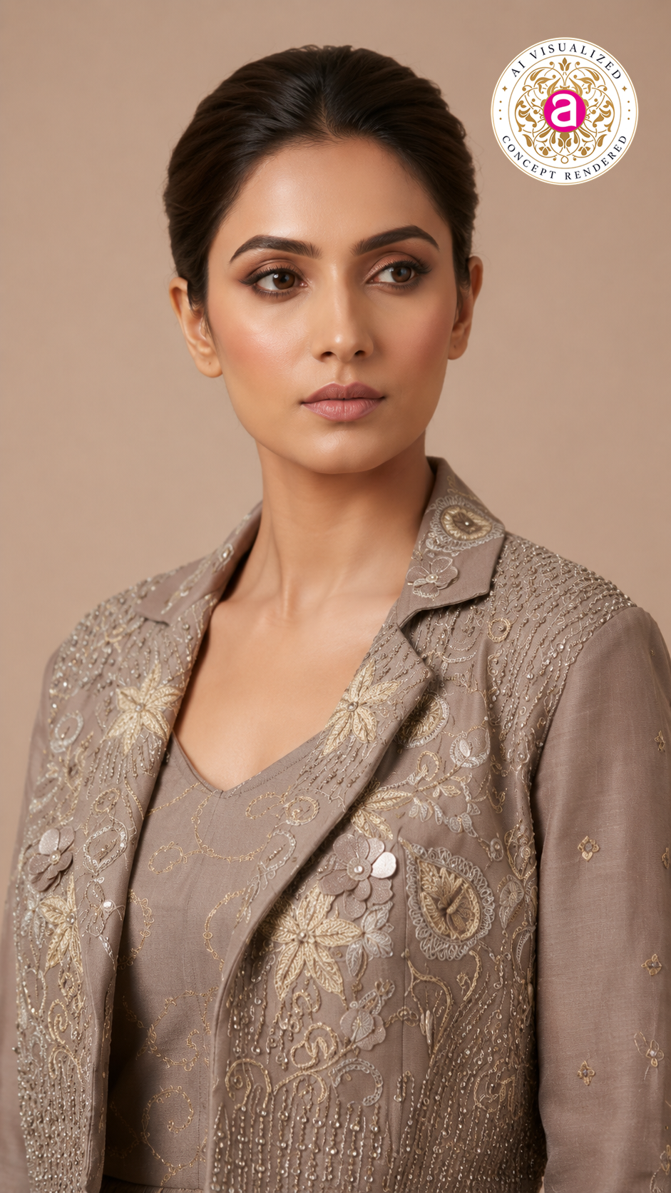 Taupe Embellished Jacket Gown with Metallic Detailing