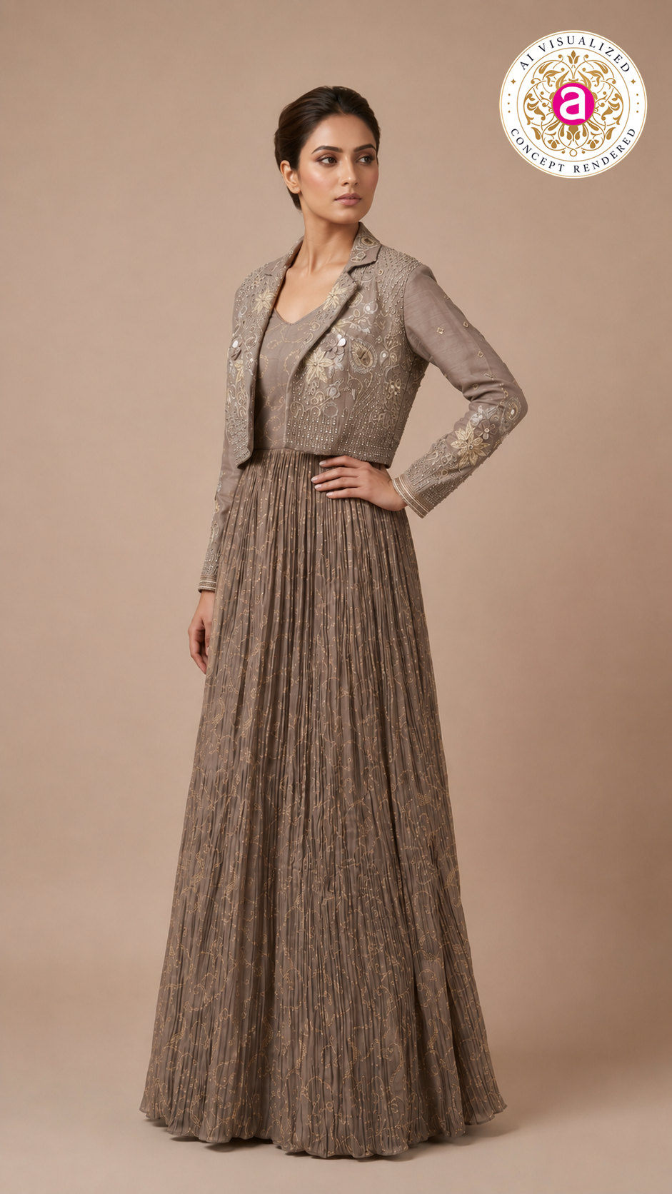Taupe Embellished Jacket Gown with Metallic Detailing
