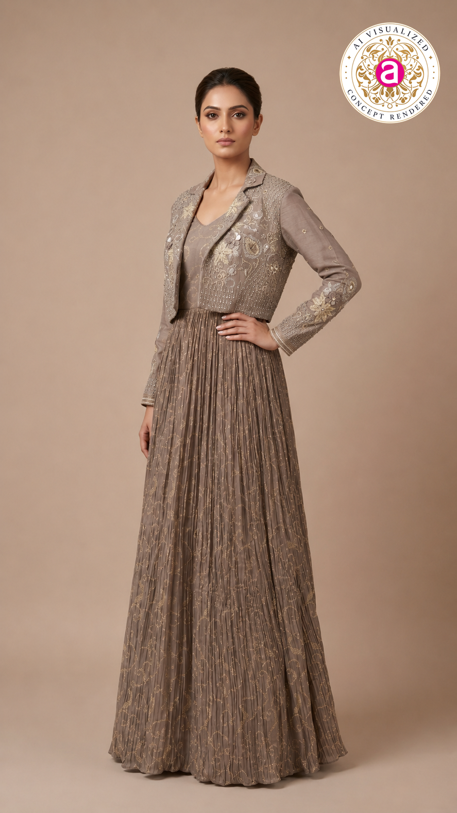 Taupe Embellished Jacket Gown with Metallic Detailing