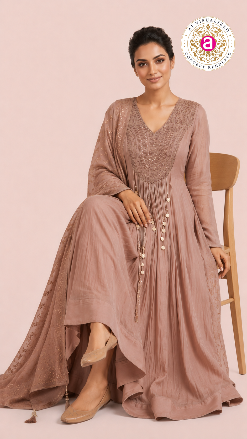 Dusty Rose Embroidered Anarkali Set with Organza Dupatta