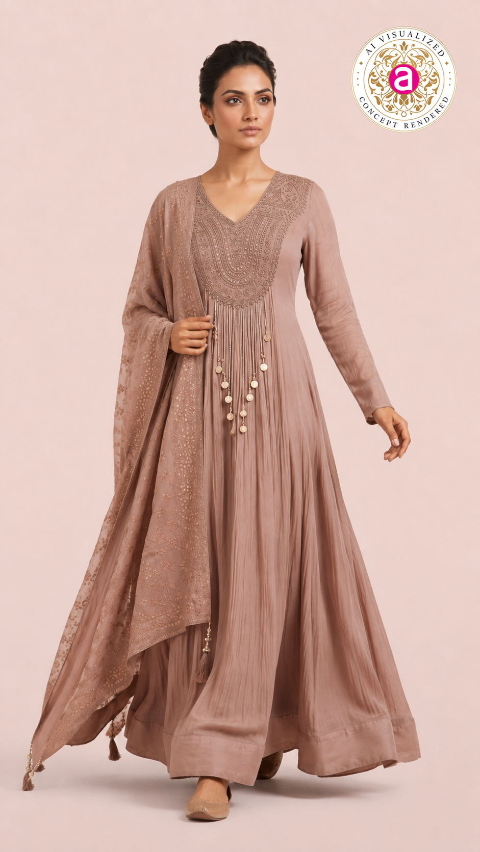Dusty Rose Embroidered Anarkali Set with Organza Dupatta