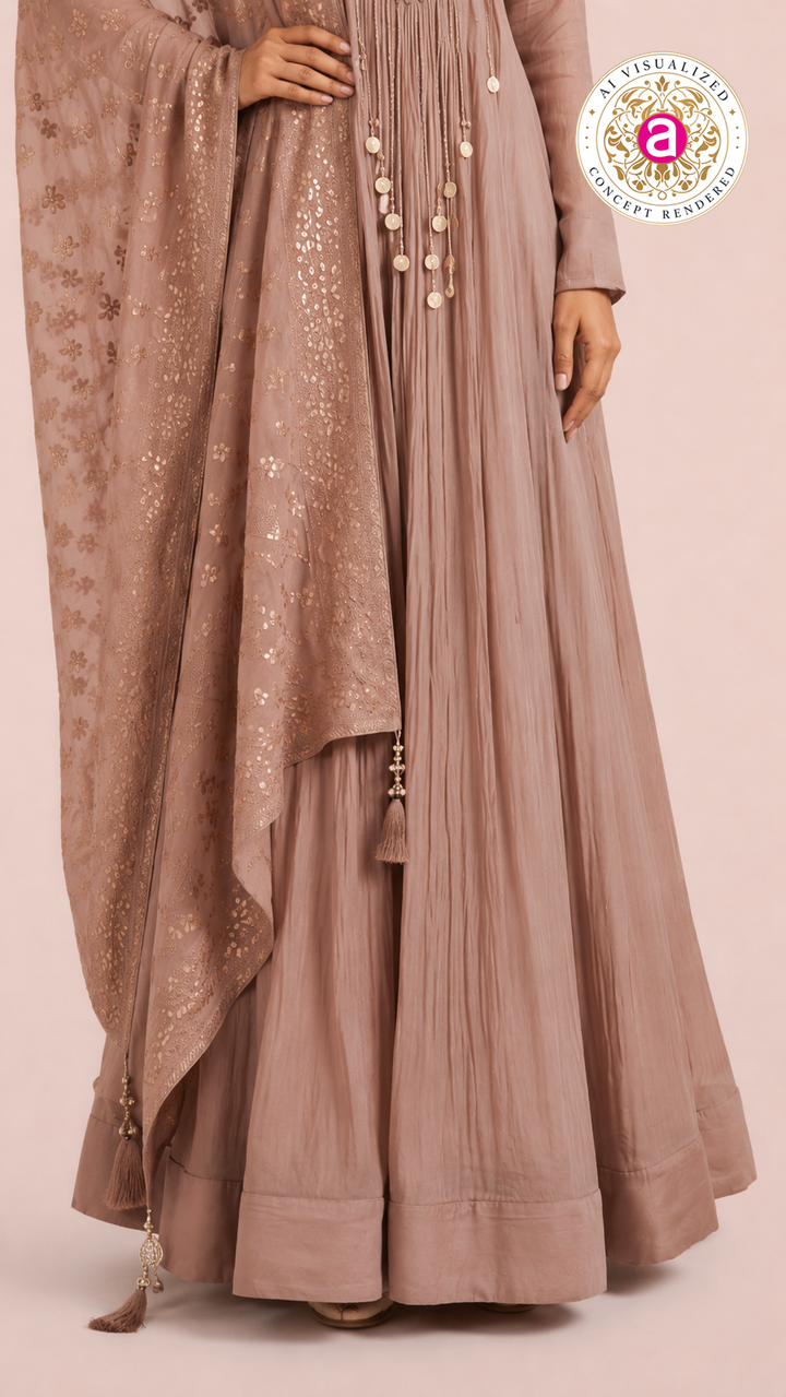 Dusty Rose Embroidered Anarkali Set with Organza Dupatta