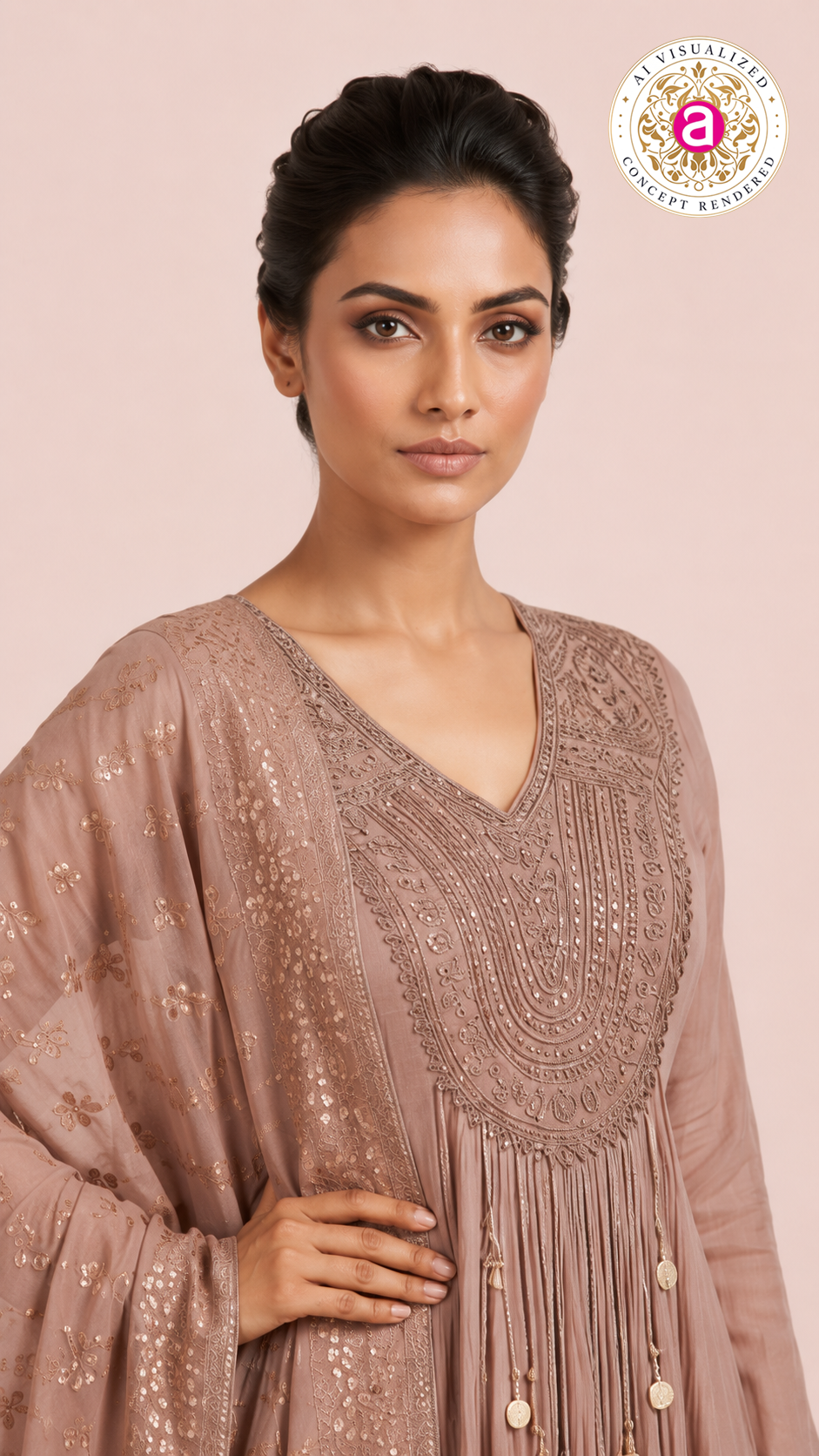 Dusty Rose Embroidered Anarkali Set with Organza Dupatta