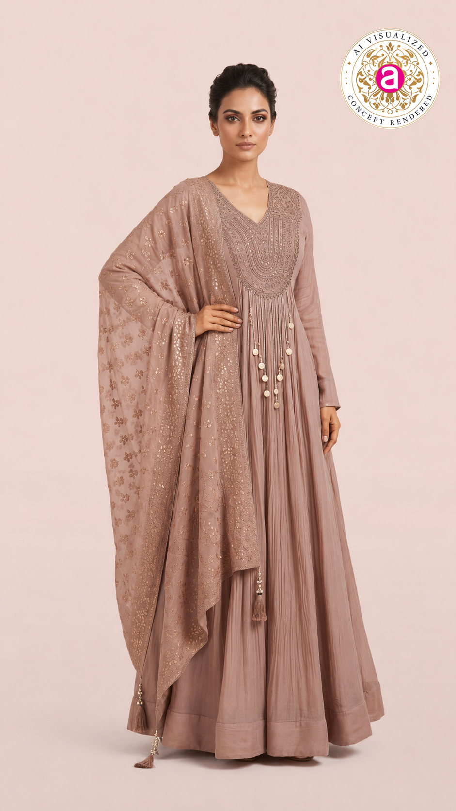 Dusty Rose Embroidered Anarkali Set with Organza Dupatta