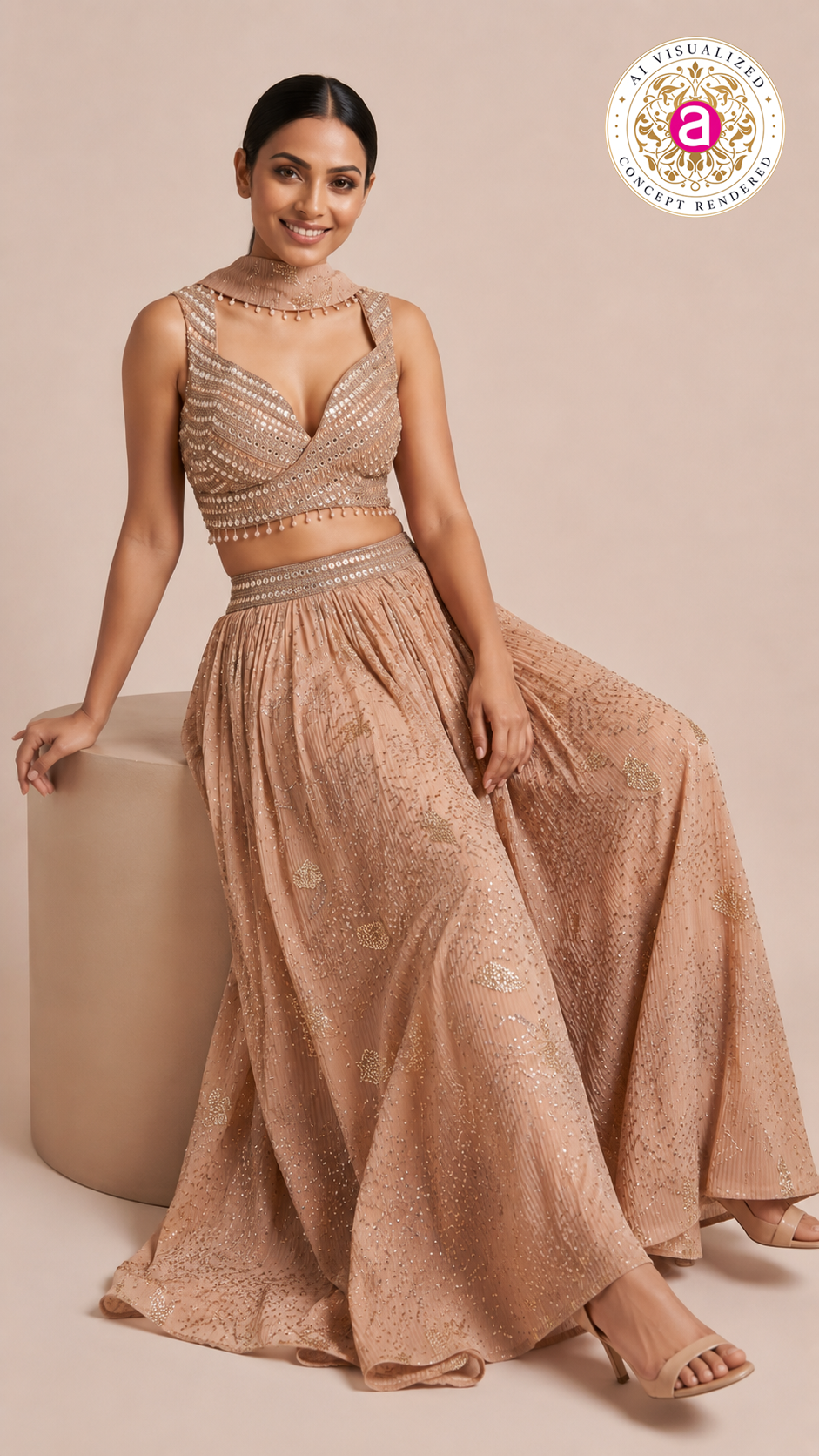 Blush Nude Embellished Lehenga Set with Mirror Work Blouse and Choker Dupatta