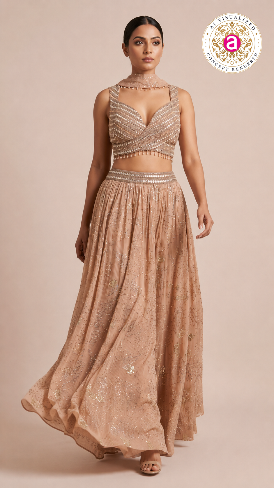 Blush Nude Embellished Lehenga Set with Mirror Work Blouse and Choker Dupatta