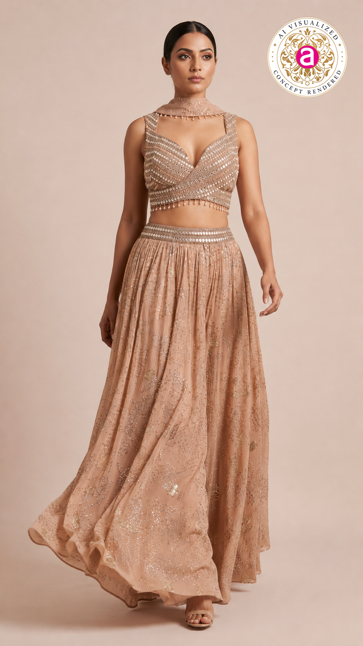 Blush Nude Embellished Lehenga Set with Mirror Work Blouse and Choker Dupatta