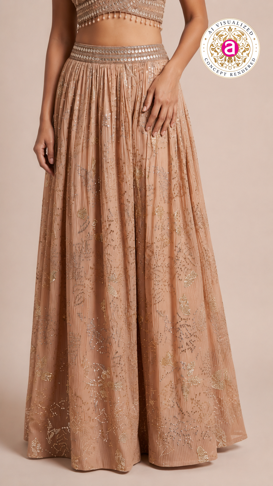 Blush Nude Embellished Lehenga Set with Mirror Work Blouse and Choker Dupatta