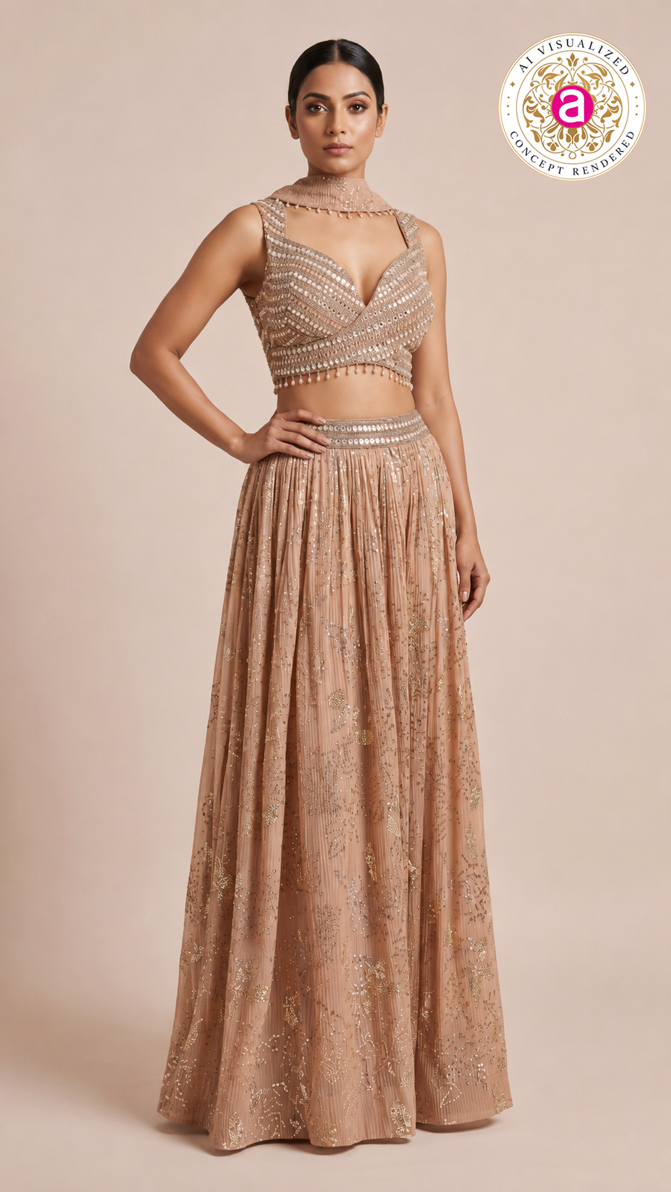 Blush Nude Embellished Lehenga Set with Mirror Work Blouse and Choker Dupatta