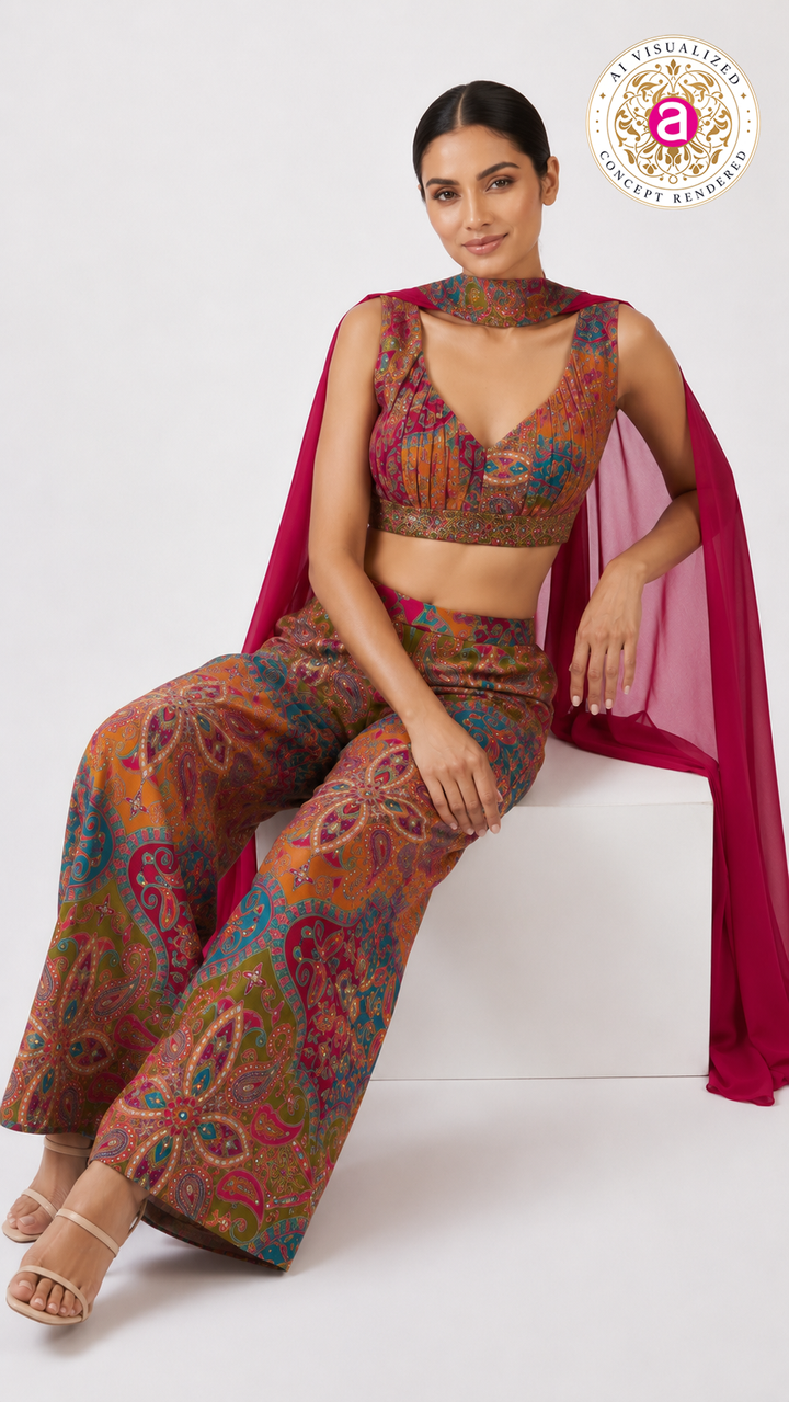 Multicolour Printed Crop Top & Palazzo Co-ord Set with Cape Dupatta