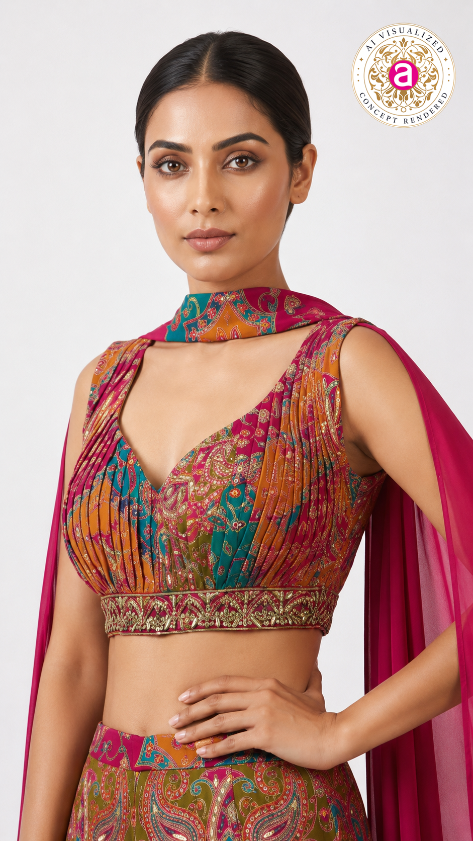 Multicolour Printed Crop Top & Palazzo Co-ord Set with Cape Dupatta