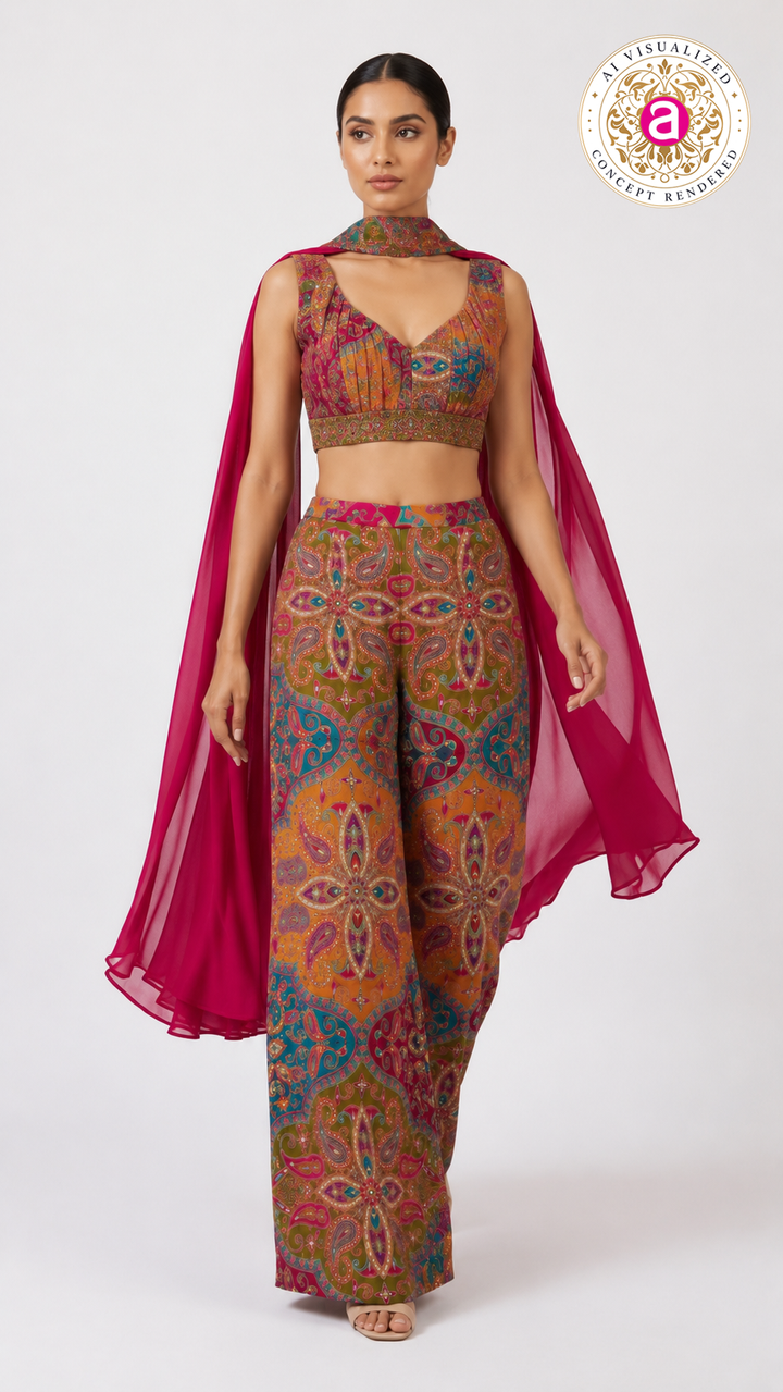 Multicolour Printed Crop Top & Palazzo Co-ord Set with Cape Dupatta