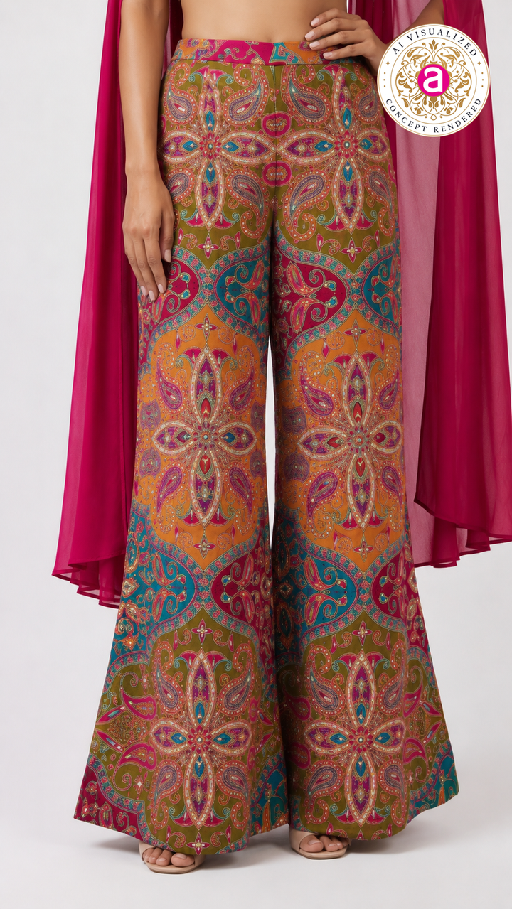 Multicolour Printed Crop Top & Palazzo Co-ord Set with Cape Dupatta