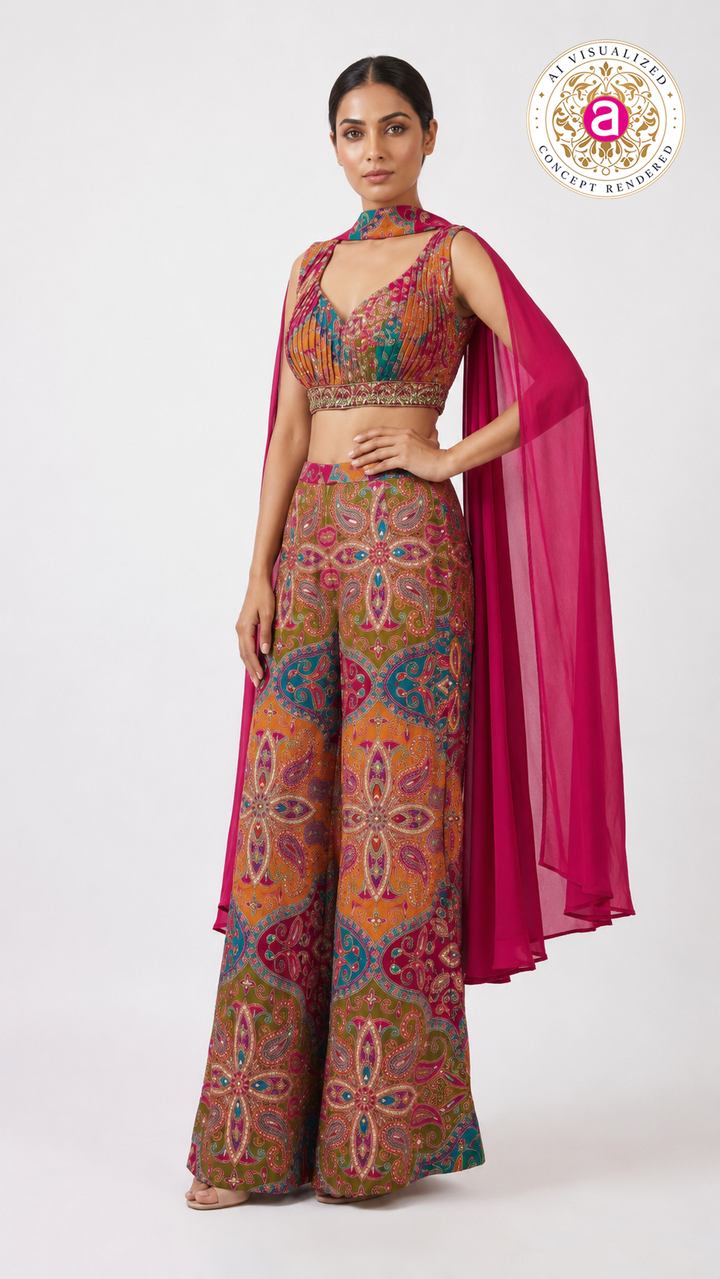 Multicolour Printed Crop Top & Palazzo Co-ord Set with Cape Dupatta