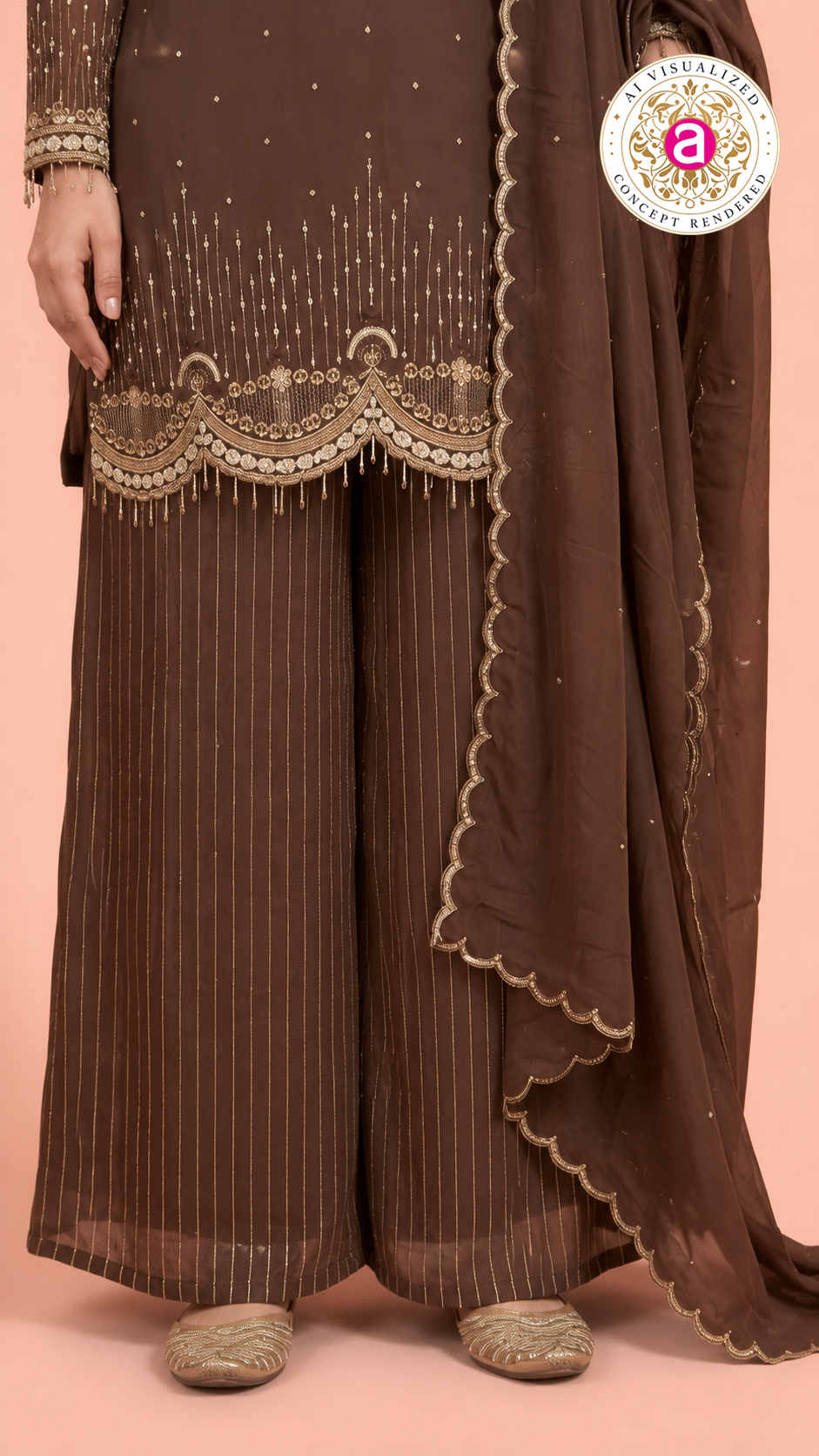 Chocolate Brown Embroidered Kurta Palazzo Set with Dupatta