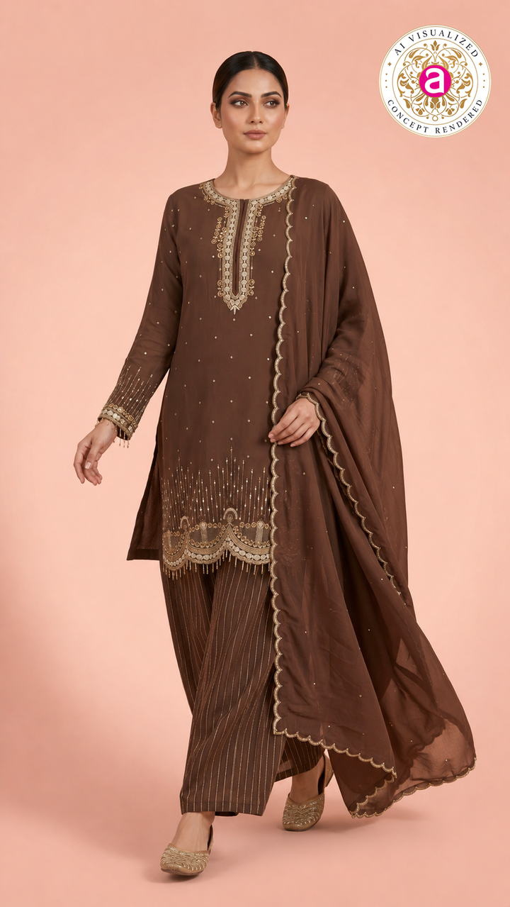 Chocolate Brown Embroidered Kurta Palazzo Set with Dupatta