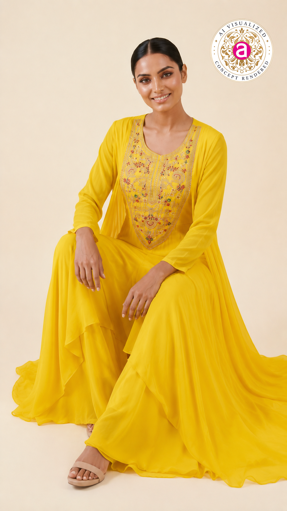 Sunshine Yellow Embroidered Layered Kurta Palazzo Set