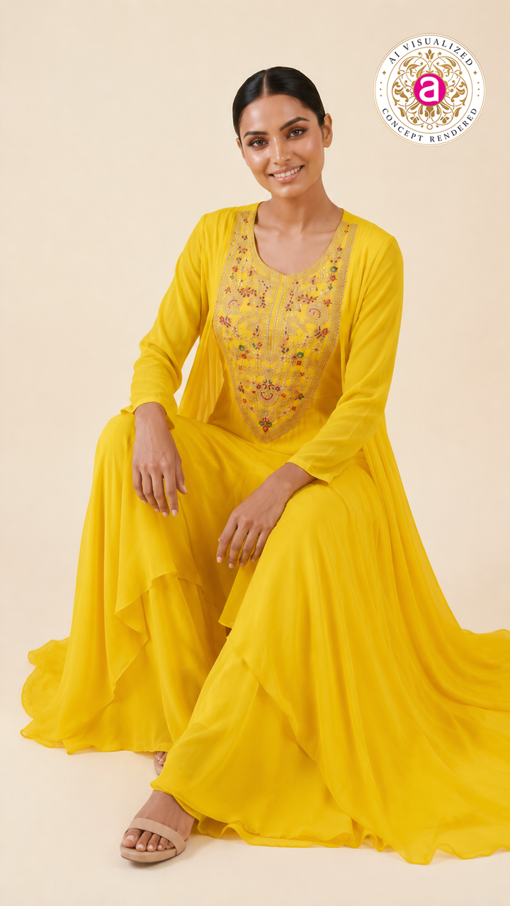 Sunshine Yellow Embroidered Layered Kurta Palazzo Set