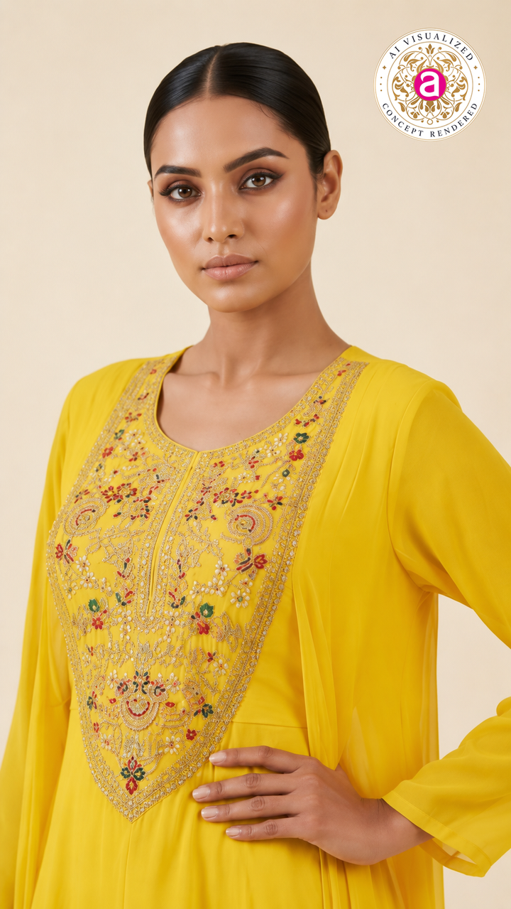 Sunshine Yellow Embroidered Layered Kurta Palazzo Set