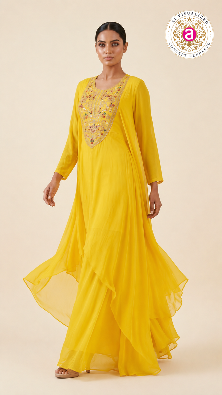 Sunshine Yellow Embroidered Layered Kurta Palazzo Set