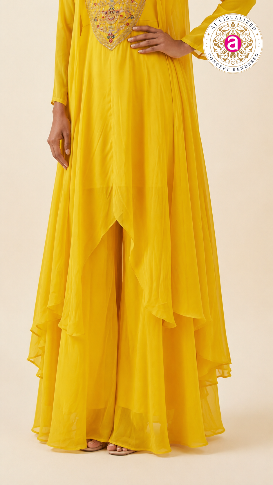 Sunshine Yellow Embroidered Layered Kurta Palazzo Set
