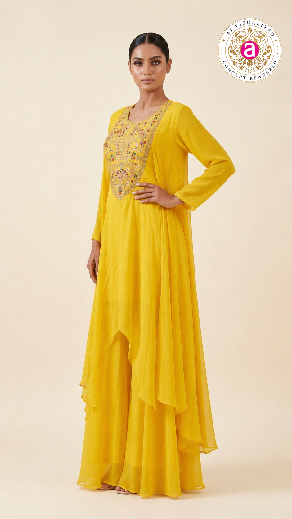 Sunshine Yellow Embroidered Layered Kurta Palazzo Set