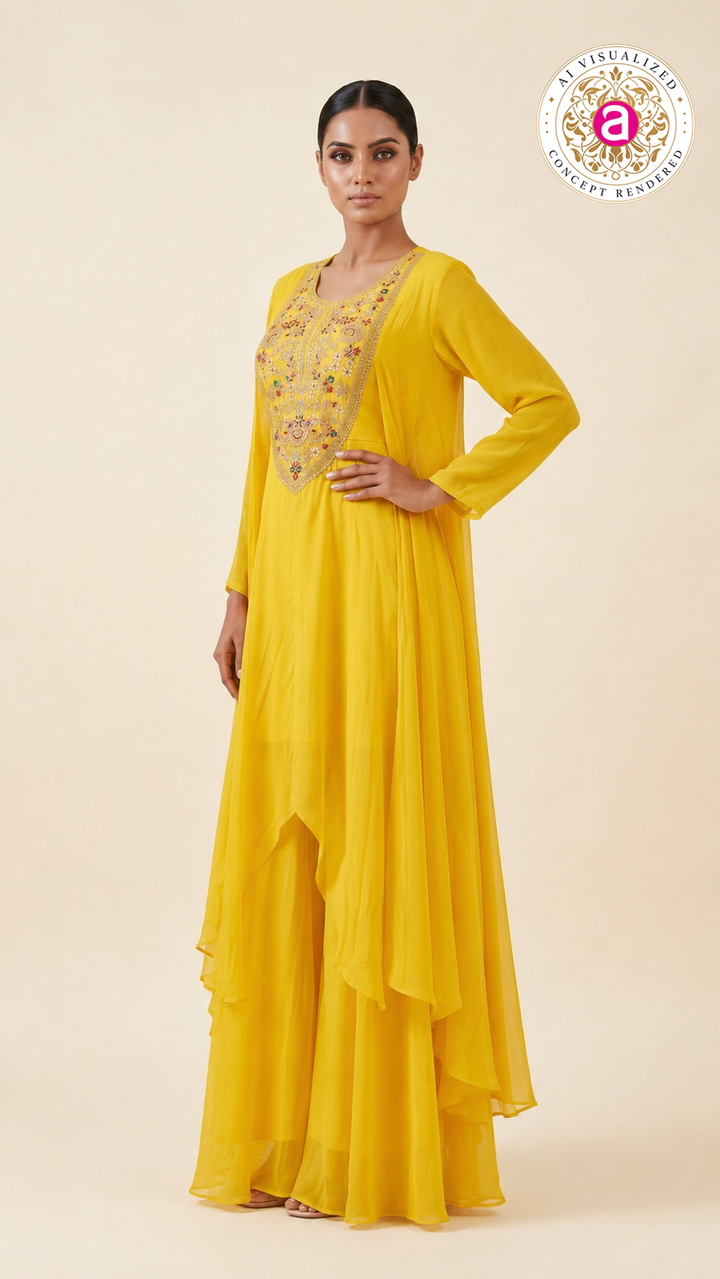 Sunshine Yellow Embroidered Layered Kurta Palazzo Set