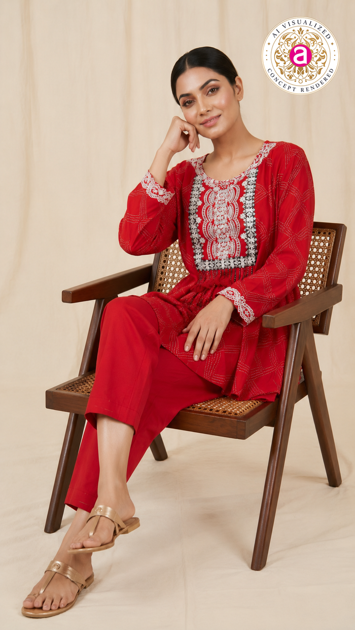 Red Embroidered Co-Ord Set with Asymmetrical Tunic