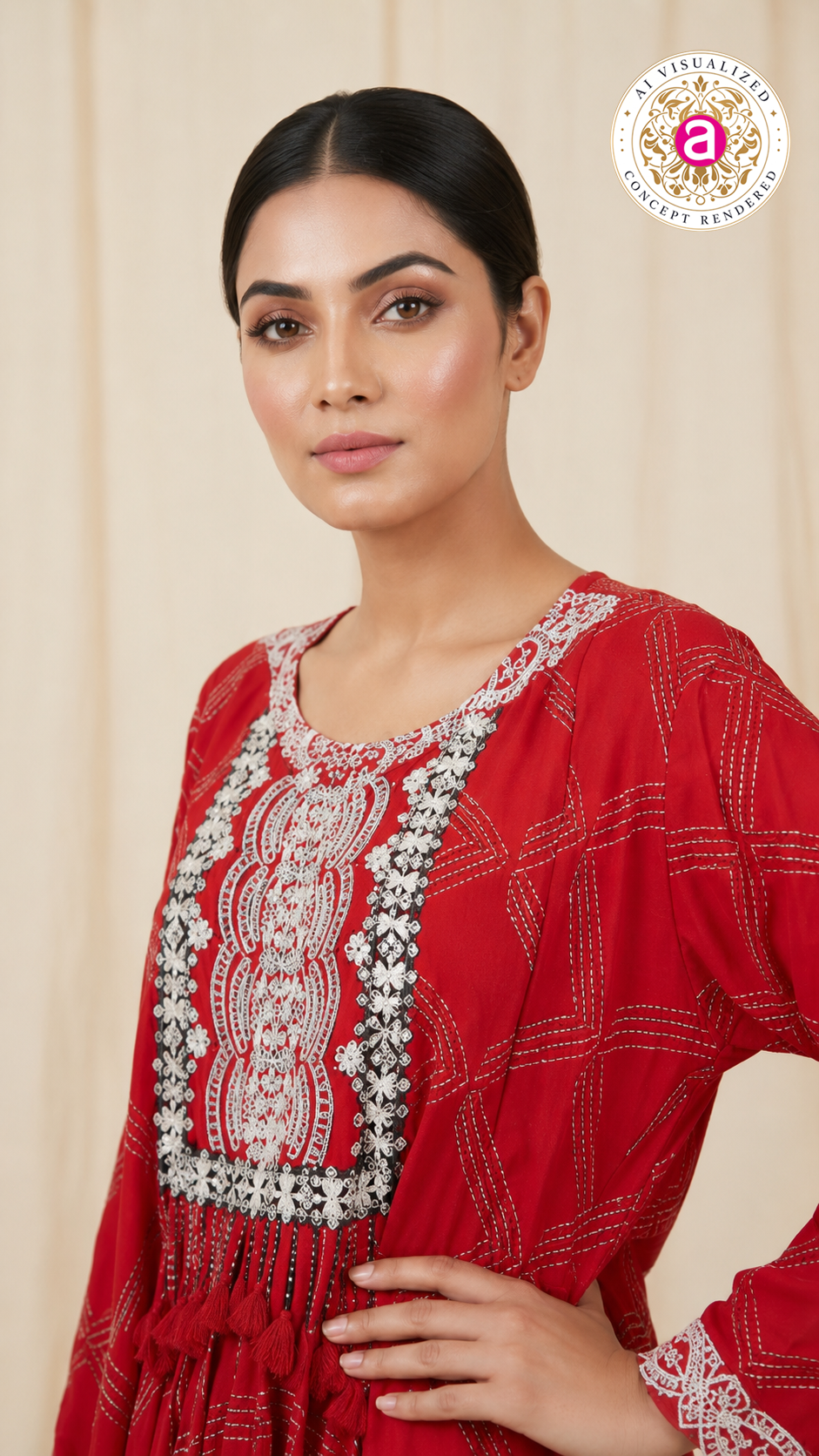 Red Embroidered Co-Ord Set with Asymmetrical Tunic