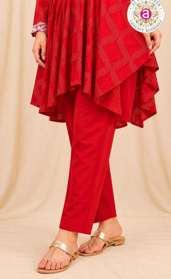 Red Embroidered Co-Ord Set with Asymmetrical Tunic