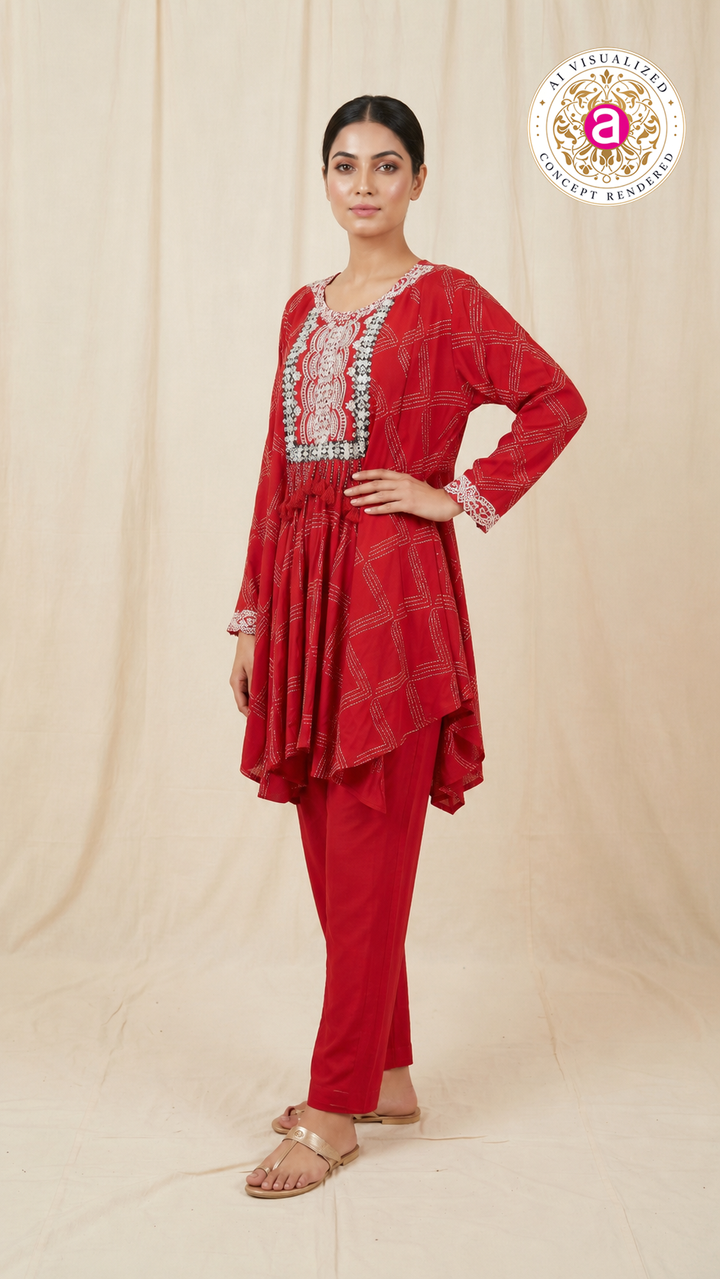 Red Embroidered Co-Ord Set with Asymmetrical Tunic