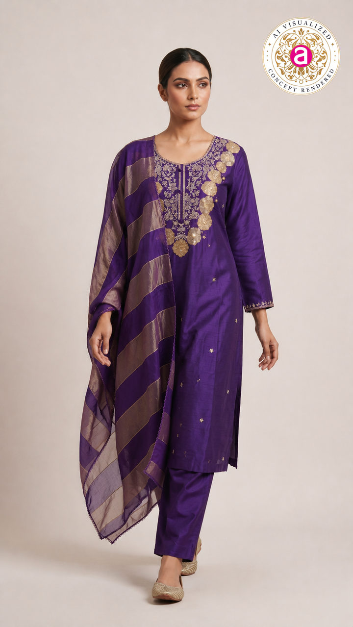 Royal Purple Embroidered Kurta Set with Organza Dupatta