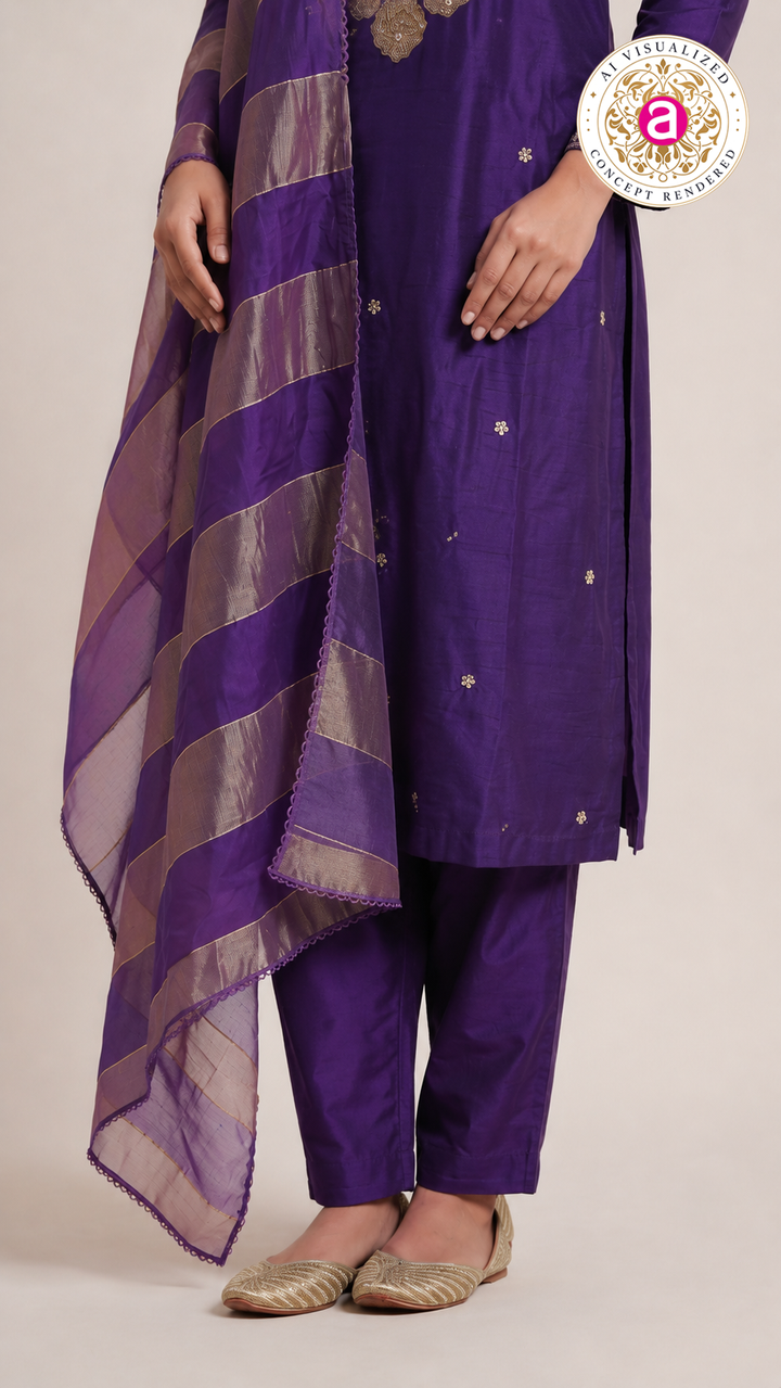 Royal Purple Embroidered Kurta Set with Organza Dupatta