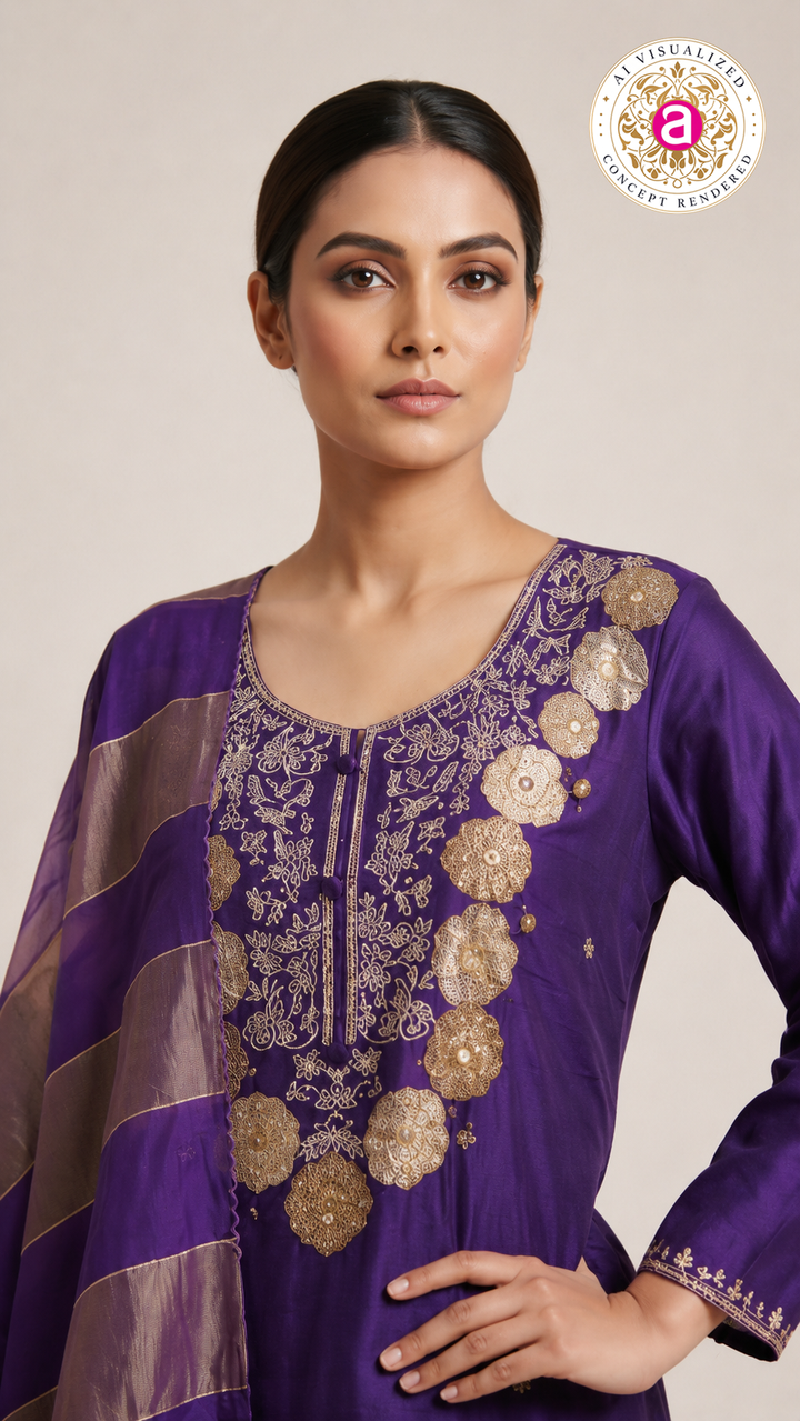 Royal Purple Embroidered Kurta Set with Organza Dupatta
