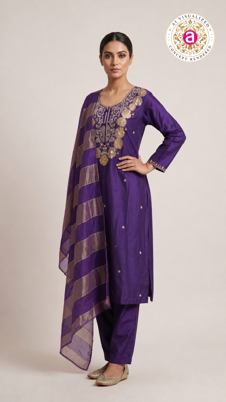 Royal Purple Embroidered Kurta Set with Organza Dupatta