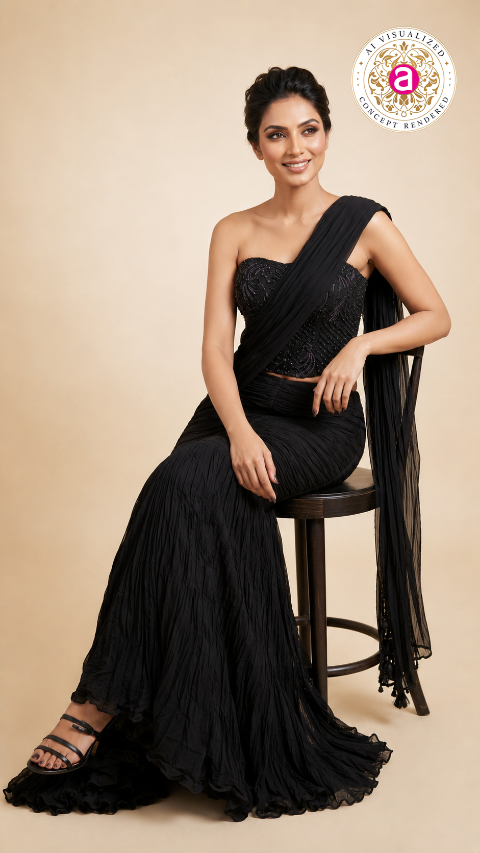 Black Draped Mermaid Lehenga Set with Embellished Corset Blouse