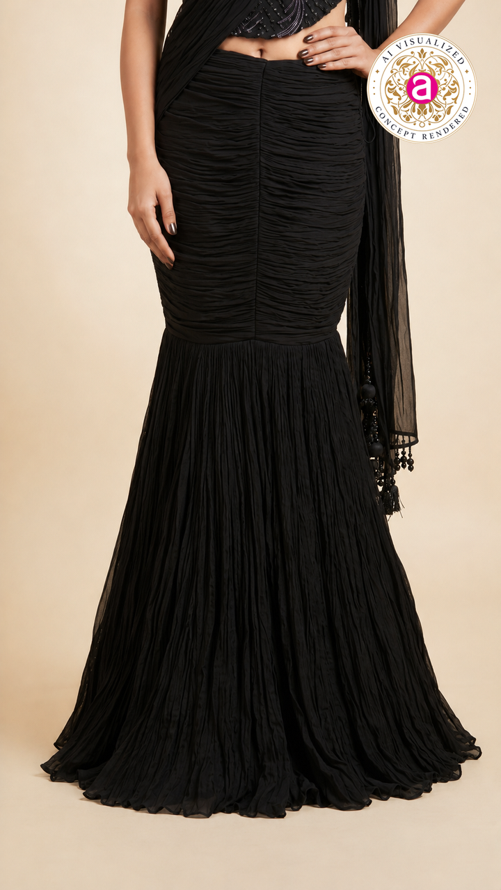 Black Draped Mermaid Lehenga Set with Embellished Corset Blouse