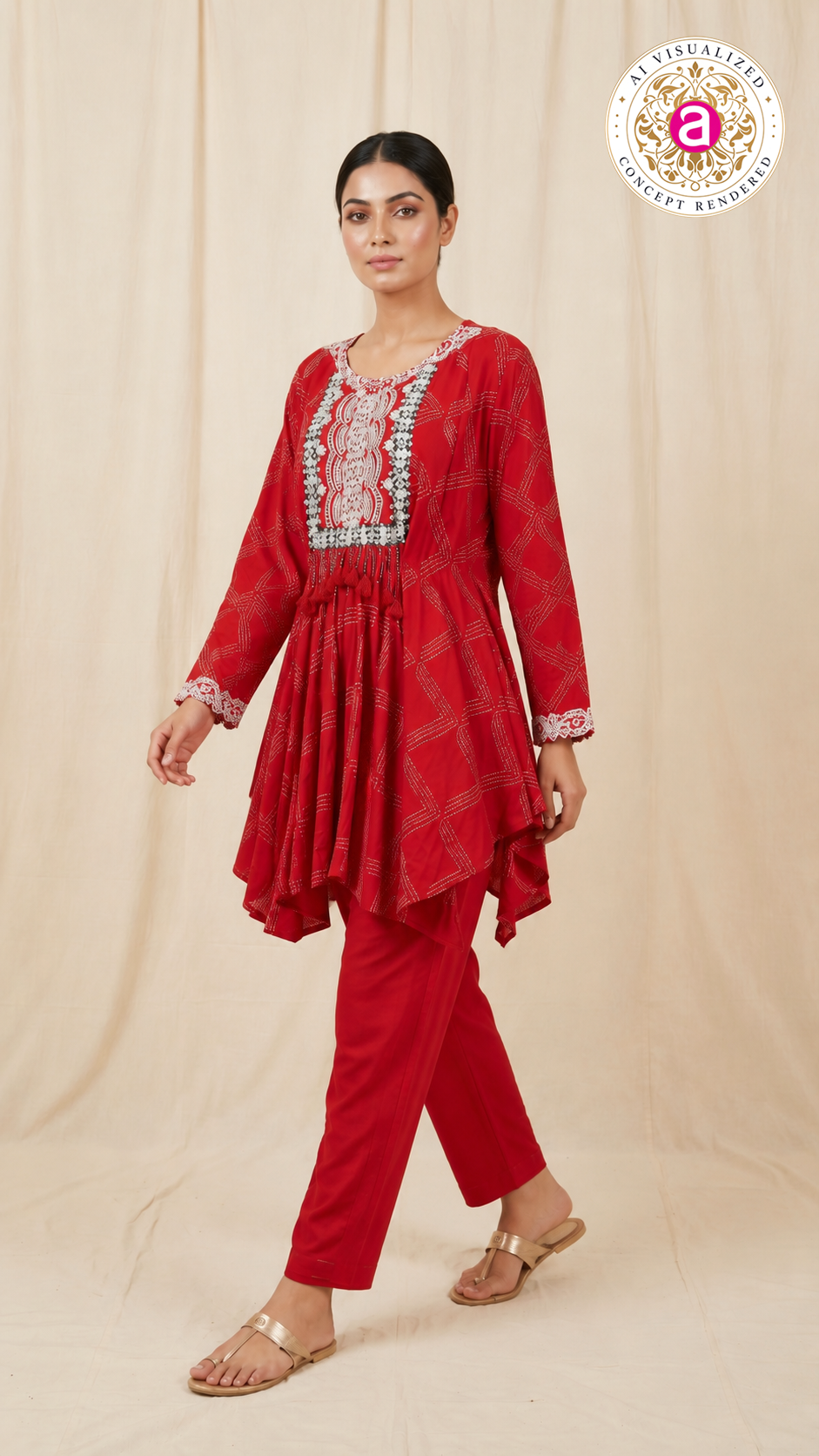 Red Embroidered Co-Ord Set with Asymmetrical Tunic